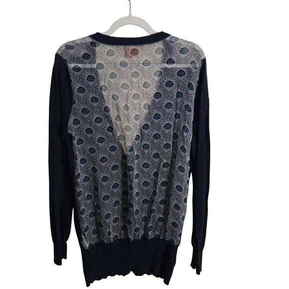 Tory Burch Jacet Peacock Silk Back Logo Button Pocket Cardigan Sweater Size L - Picture 3 of 10